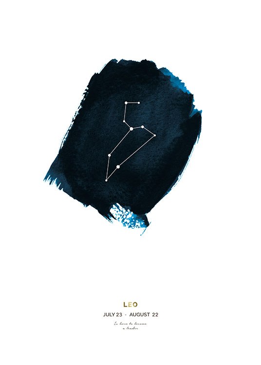  – Signe astrologique Lion sur un cercle bleu peint à l’aquarelle bleue, avec du texte en bas