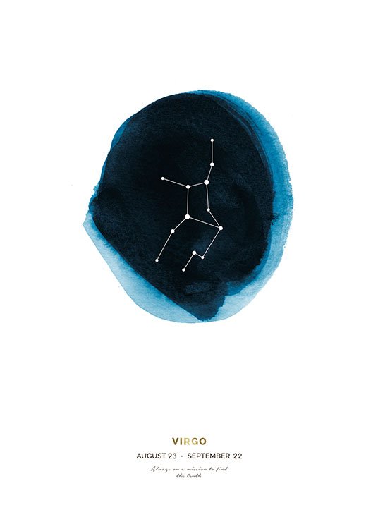  – Signe astrologique Vierge dans un cercle bleu peint à l’aquarelle sur un fond blanc