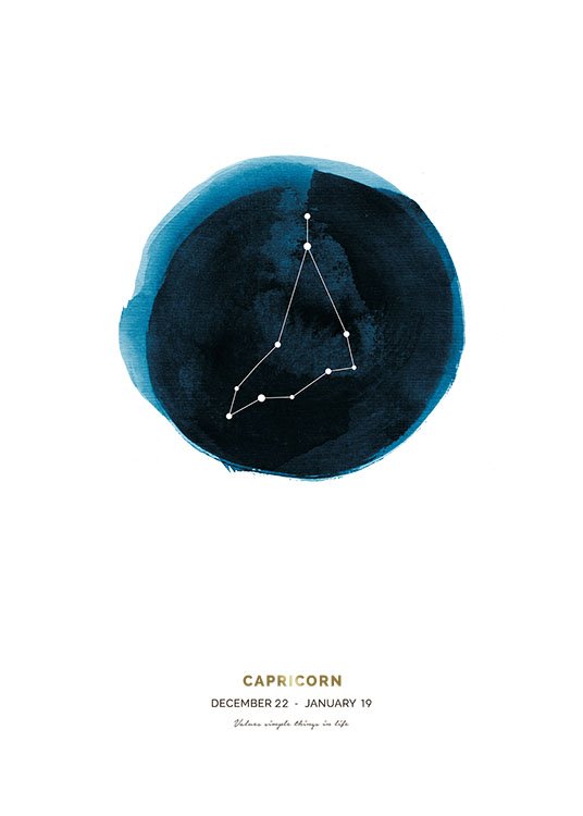  – Affiche avec le signe astrologique Capricorne sur un cercle bleu avec du texte en bas