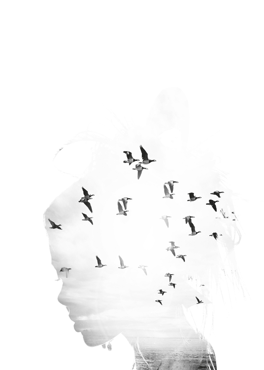 – Affiche d’art en noir et blanc avec des oiseaux et la mer visibles à l’intérieur des contours d’un visage de femme