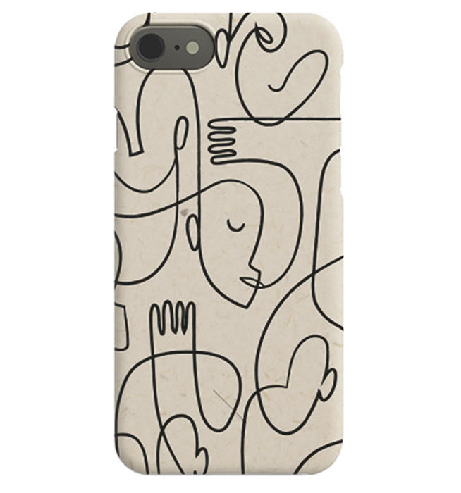  – Coque pour iPhone avec un motif abstrait, avec des visages dessinés en art linéaire noir sur un fond beige