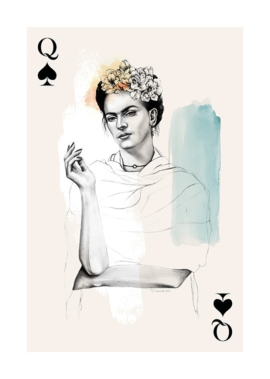 Illustration qui représente l'icône Frida Kahlo en Reine de Cœur portant une couronne de fleurs