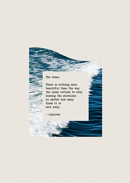  - Poster graphique avec citation sur l'océan, sur une photographie d'un océan, le tout sur fond beige