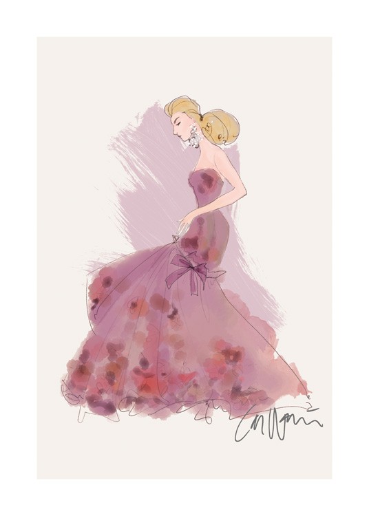  – Illustration d’une femme portant une longue robe violette avec des détails roses