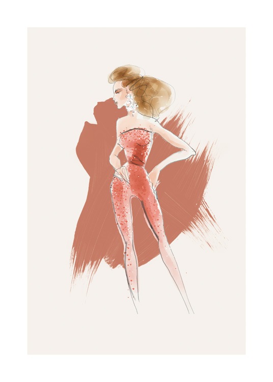  – Illustration d’une femme portant une combinaison en rouge avec des perles dessus sur un fond beige avec des coups de pinceau rouges