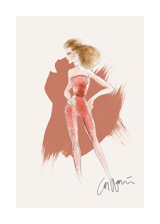  – Illustration d’une femme debout dans une combinaison rouge avec des perles dessus, sur un fond beige avec des coups de pinceau rouges