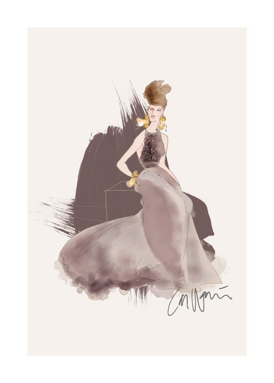  – Illustration d’une femme dans une longue robe gris foncé avec des perles sur le corsage sur un fond beige