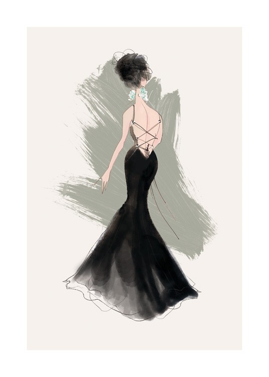  – Illustration d’une femme portant une robe noire lacée dans le dos et des boucles d’oreilles en diamant