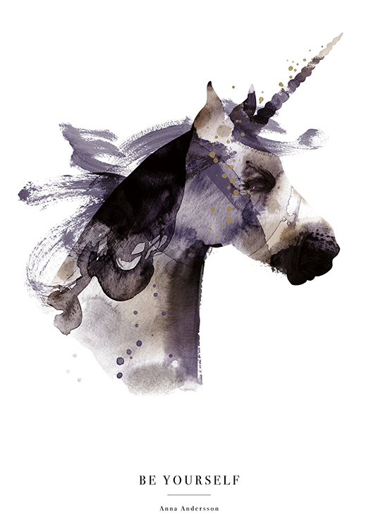  – Illustration à l’aquarelle d’une licorne en violet, noir et marron sur un fond blanc avec du texte en bas