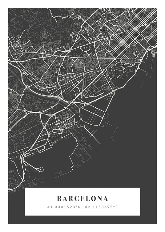  – Plan de ville gris et blanc avec le nom et les coordonnées de la ville en bas