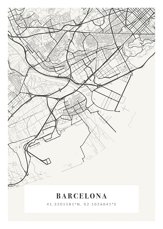  – Plan de ville en gris et blanc cassé avec les coordonnées et le nom de la ville en bas