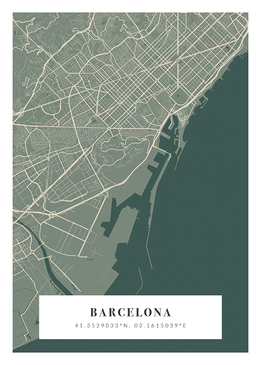  – Plan de ville en beige et gris avec le nom et les coordonnées de la ville en bas
