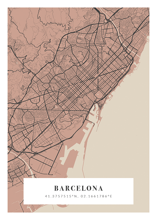  – Plan de ville en rose, gris foncé et beige avec les coordonnées et le nom de la ville en bas