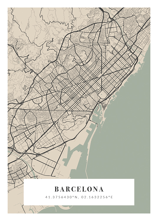  – Plan de ville en vert clair, beige et gris foncé avec le nom de la ville et les coordonnées en bas