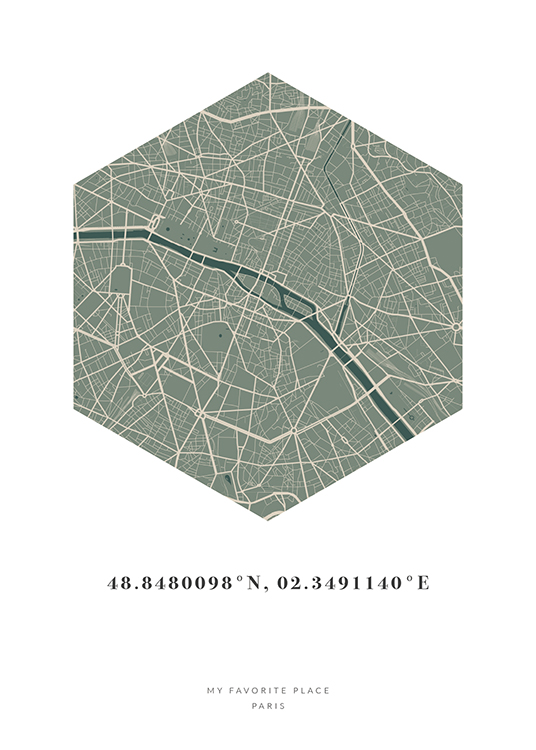  – Plan de ville en forme d’hexagone en beige et vert avec des coordonnées et du texte en bas