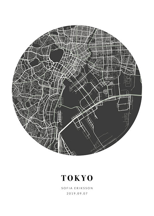  – Plan de ville en noir et blanc en forme de cercle avec du texte en bas