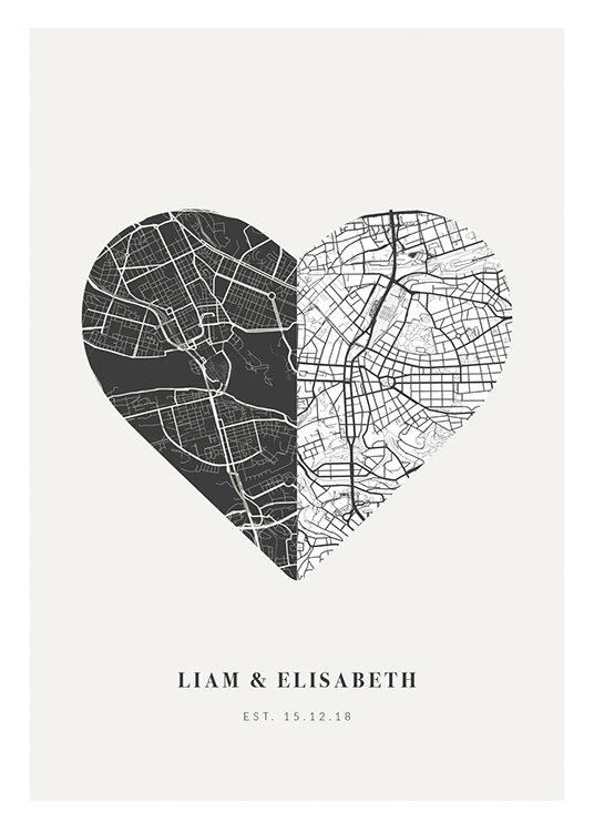  – Plan de ville en forme de cœur en noir et blanc sur un fond gris clair avec du texte en bas