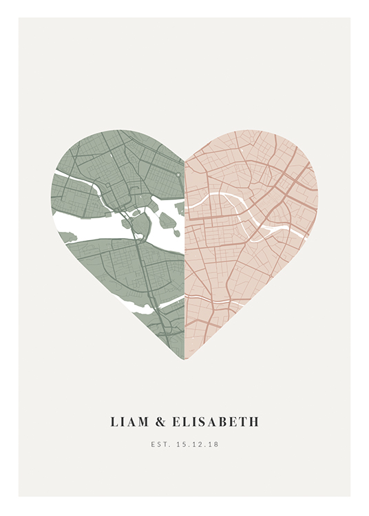  – Plan de ville en forme de cœur en vert et rose sur un fond gris clair avec du texte en bas