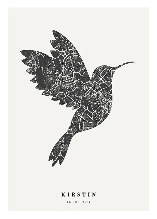  – Plan de ville en noir et blanc en forme d’oiseau avec du texte en bas