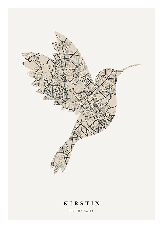  – Plan de ville en forme d’oiseau en beige et noir sur un fond gris clair avec du texte en dessous