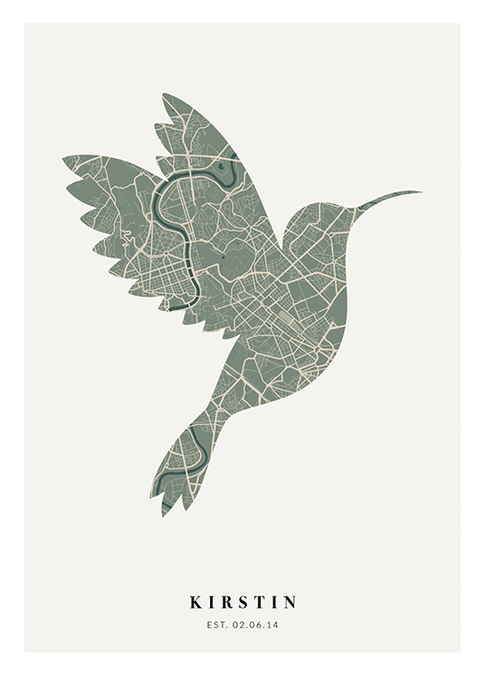  – Plan de ville beige et vert, en forme d’oiseau sur un fond gris clair avec du texte en bas