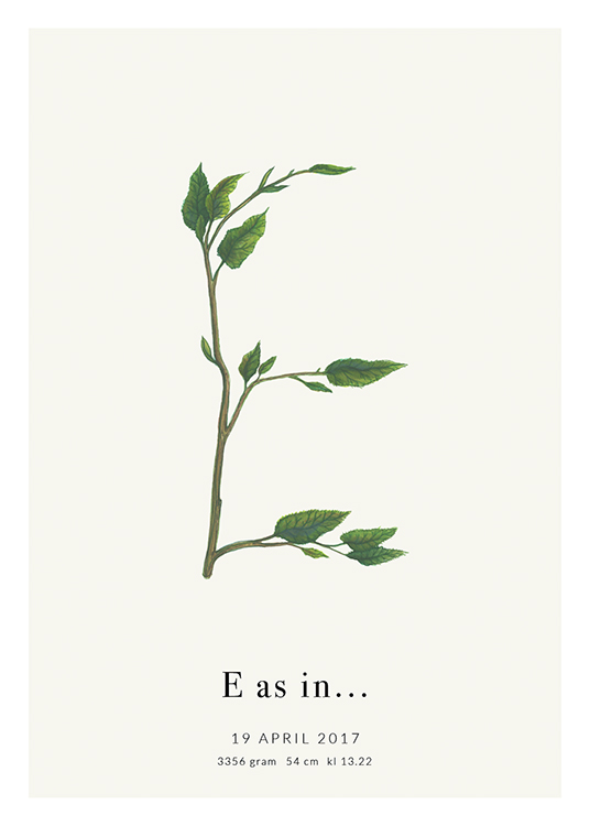  – Lettre E formée par des feuilles vertes avec du texte en bas