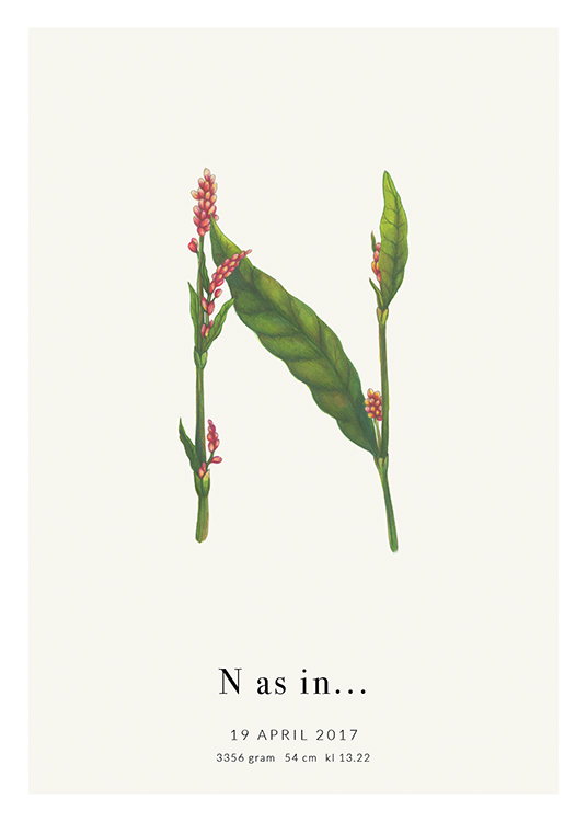  – Lettre N formée par des fleurs rouges et des feuilles vertes, avec du texte en dessous