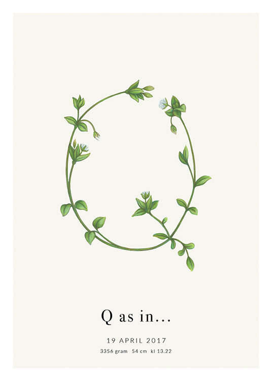  – Lettre Q formée par des feuilles vertes, avec du texte en dessous