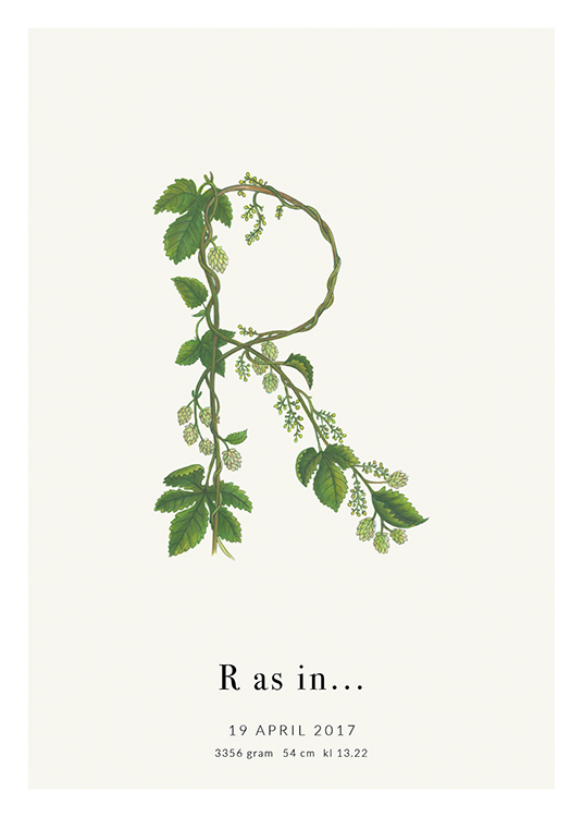  – Lettre R formée par des feuilles vertes, avec du texte en bas