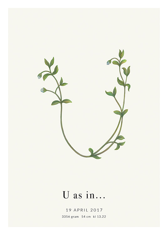  – Lettre U formée par des feuilles vertes avec du texte en dessous