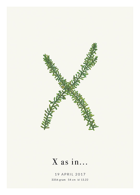  – Lettre X formée par des feuilles, avec du texte en dessous