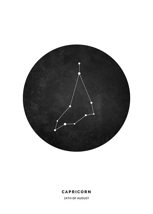  – Illustration avec le signe astrologique du Capricorne dans un cercle noir sur un fond blanc