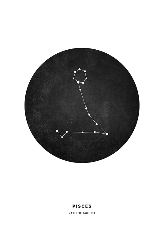  – Illustration avec le signe astrologique des Poissons dans un cercle noir sur un fond blanc