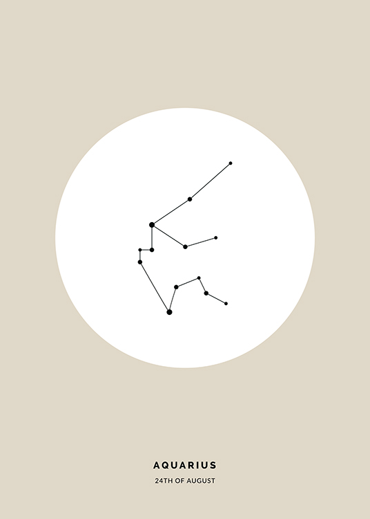  – Illustration du signe astrologique du Verseau en noir dans un cercle blanc sur un fond beige