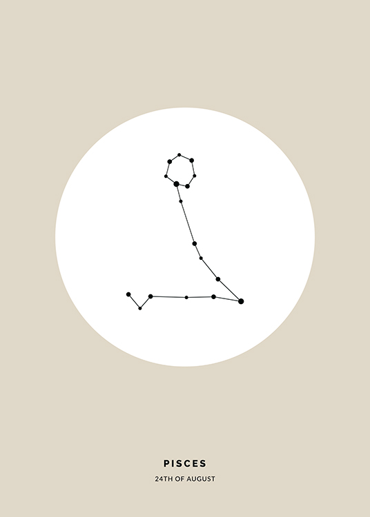  – Illustration du signe astrologique des Poissons en noir dans un cercle blanc sur un fond beige