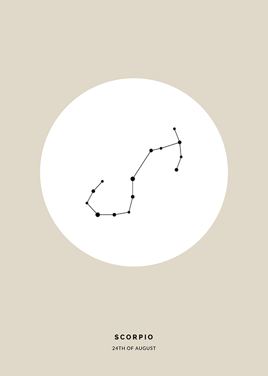  – Illustration du signe astrologique du Scorpion en noir dans un cercle blanc sur un fond beige