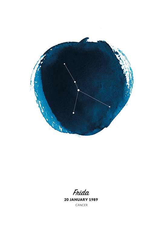  – Illustration du signe Cancer dans un cercle peint à l’aquarelle bleue