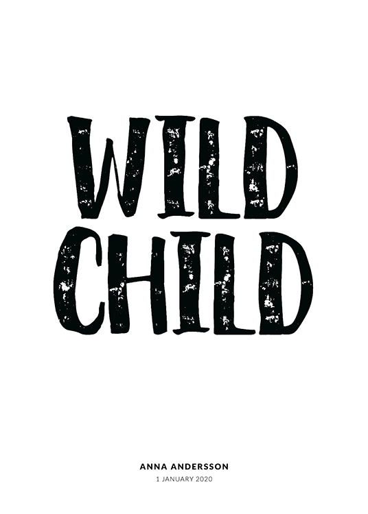  – Texte noir avec les mots « Wild Child » sur un fond blanc et du texte en dessous