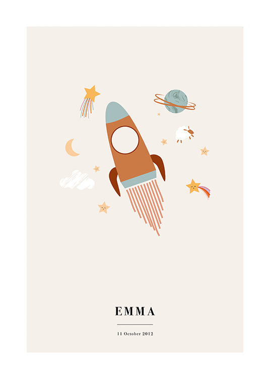  – Illustration avec des symboles d’astronomie autour une fusée sur un fond beige