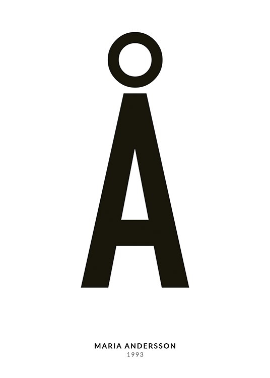 – Affiche de texte minimaliste avec la lettre Å et un texte plus petit en dessous sur un fond blanc