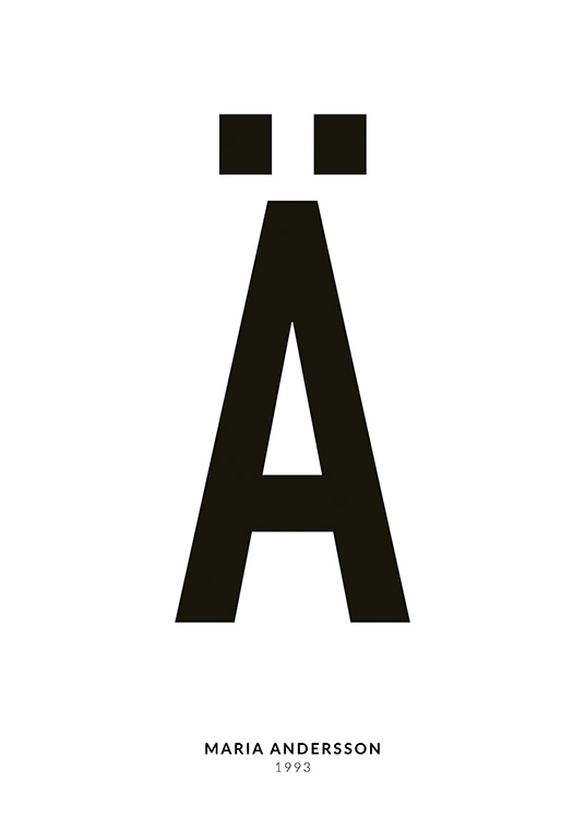 – Affiche de texte minimaliste avec la lettre Ä et un texte plus petit en dessous sur un fond blanc