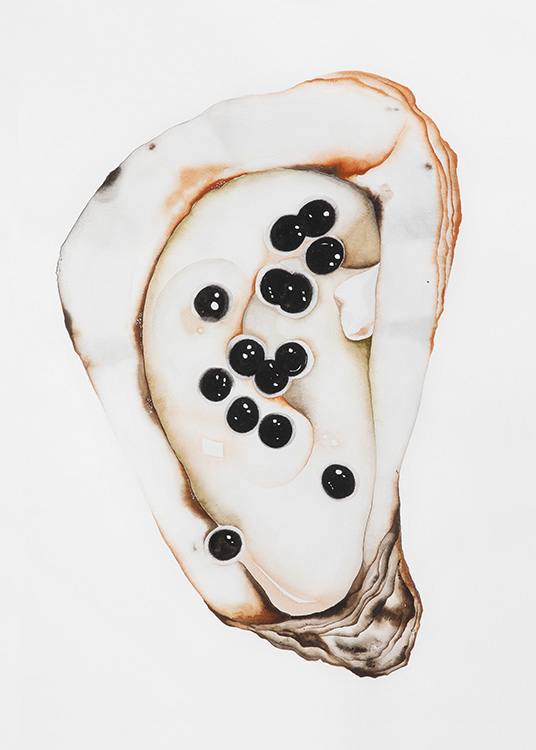  - Poster d'une aquarelle représentant des perles noires dans une huître aux tons gris et bruns, sur fond grisé.
