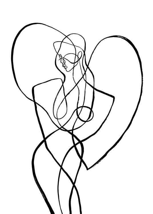  – Illustration abstraite d’art linéaire d’un corps entouré d’un cœur, inspirée par le signe de la Vierge