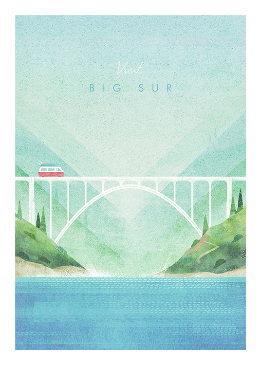  – Illustration d’un paysage bleu et vert avec un pont blanc