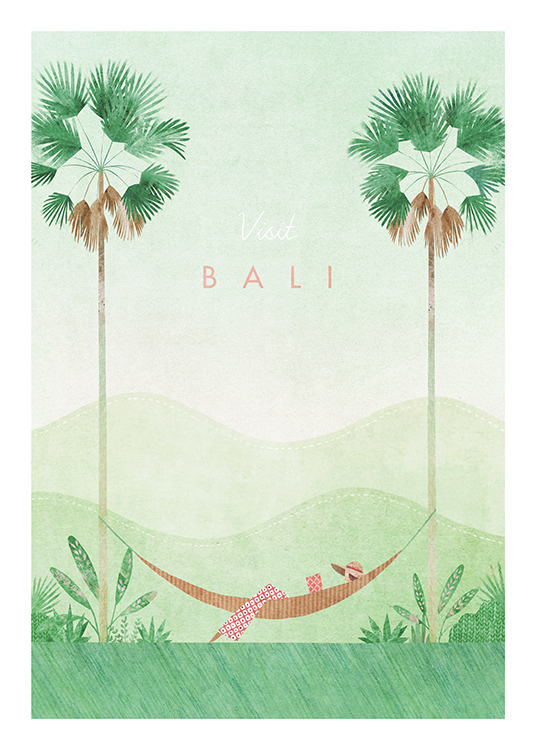  – Illustration d’un paysage vert avec des palmiers et un hamac au milieu