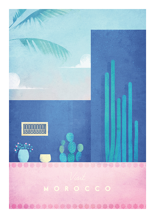  – Illustration d’un bâtiment rose et bleu avec des plantes et des cactus