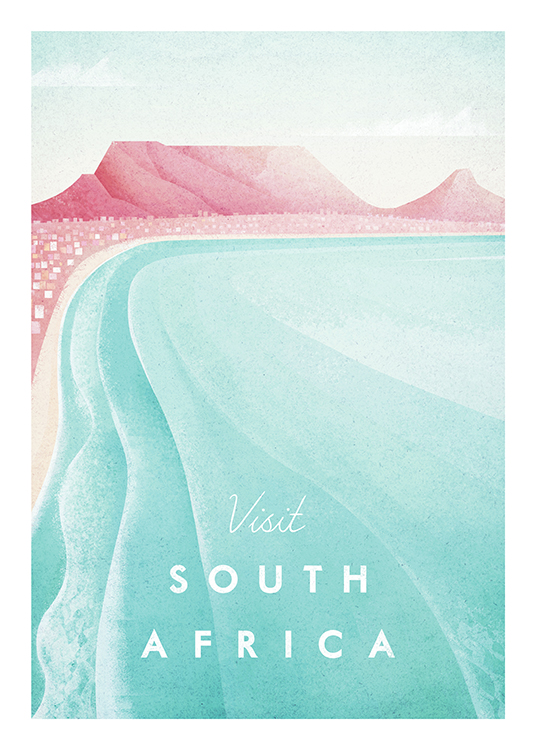  – Illustration de montagnes roses et d’une plage rose avec un océan bleu au premier plan