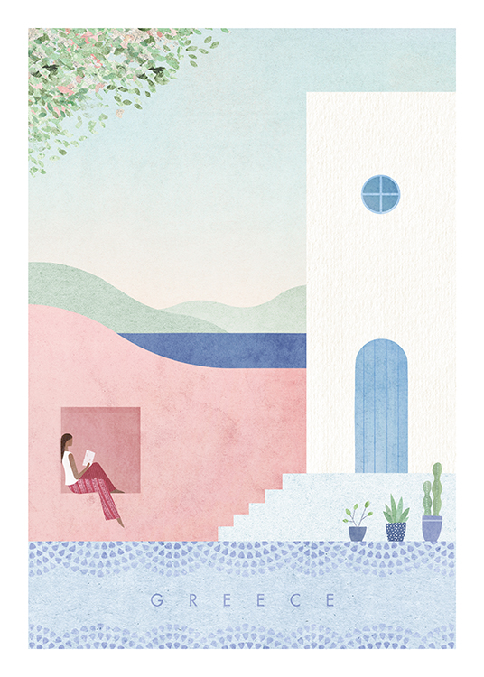  – Illustration de maisons en rose, bleu et blanc et d’une femme lisant un livre