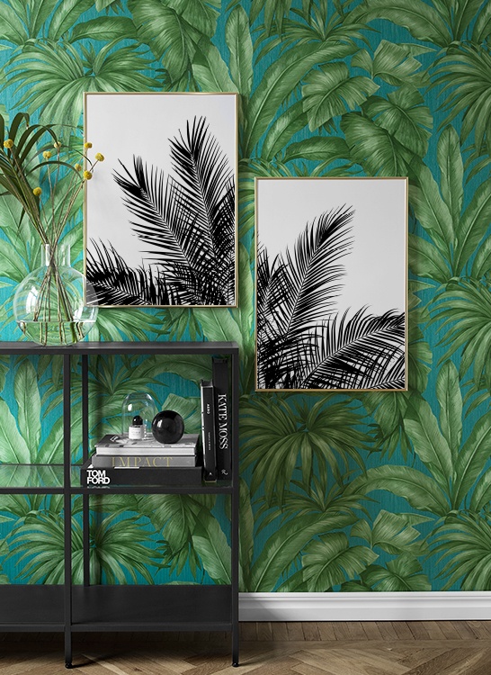 Inspiration pour couloir avec papier peint palmier et tableaux palmier noir et blanc